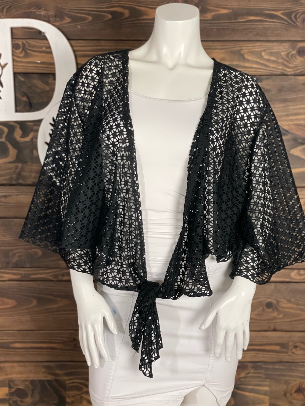 Earthbound | Black Open Laser Cut Lace Tie-Front Shrug Sweater Cover Up Kimono